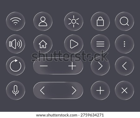 Frosted Glass UI Icon Set: Modern Glassmorphism Web Elements with Transparent Liquid Gloss Panels for Mobile App and Control Interface Design
