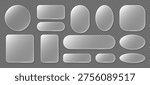 Frosted glass UI shapes set, rounded transparent panels, buttons, cards, blank placeholders. Mobile app, web interface, dashboard, presentation design. Vector illustration