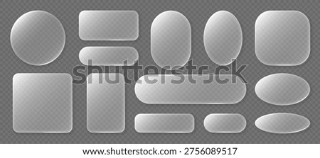 Frosted glass UI shapes set, rounded transparent panels, buttons, cards, blank placeholders. Mobile app, web interface, dashboard, presentation design. Vector illustration