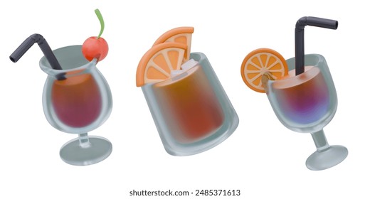 Frosted glasses with cocktails. Set of realistic cooling drinks in foggy wineglass