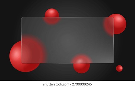 Frosted glassmorphism background. Blurred 3D spheres and glossy gradients. Realistic matte glass morphism design for trendy UI or web mockup. Modern abstract template. Soft light and geometric glow