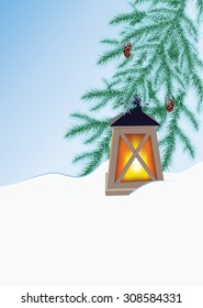 frosted spruce branches with cones and flashlight