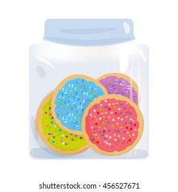 Frosted sugar cookies homemade Italian Freshly baked in glass jar with pink violet blue green frosting and colorful sprinkles isolated on white background. Vector