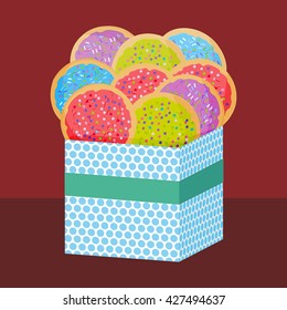 Frosted sugar cookies, Set Italian Freshly baked sugar cookies with pink green violet blue frosting and colorful sprinkles. Present Gift box with biscuits. Bright colors on brown background. Vector