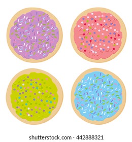 Frosted Sugar Cookies, Set Italian Freshly Baked Cookies With Pink Violet Blue Green Frosting And Colorful Sprinkles. Bright Colors On White Background. Vector