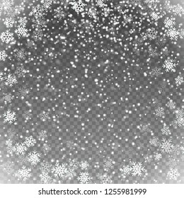 Frosted  transparent background. Vector illustration. Frozen winter design. Large snowflakes on the edges and small defocused in the center. Empty frosty transparent frame for Christmas photos.