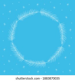 Frosted white spruce fir tree twig and stars sparkles round frame. Winter festive Christmas design. Hand drawn doodle border copy space for social media invitation cards. Stock vector illustration.