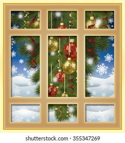 Frosted window and christmas tree, winter background, vector illustration