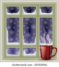 Frosted window and coffee cup, winter background, vector illustration
