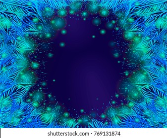 Frosted window. Winter background with with frost pattern. Vector illustration. Merry christmas. Dark blue frame.