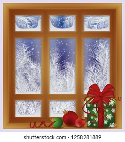 Frosted window with xmas gift box, vector illustration