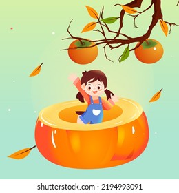 Frostfall solar term, people picking persimmons outdoors in autumn, with a wall and trees in the background, vector illustration, Chinese translation: Frostfall solar term