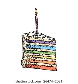 frosting birthday cake piece hand drawn. candle celebration, dessert party, layer sweet frosting birthday cake piece vector sketch. isolated color illustration