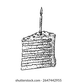 frosting birthday cake piece hand drawn. candle celebration, dessert party, layer sweet frosting birthday cake piece vector sketch. isolated black illustration