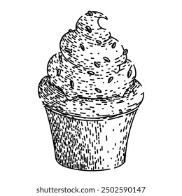 frosting cupcake hand drawn. sprinkles baking, dessert sweet, chocolate recipe frosting cupcake vector sketch. isolated black illustration