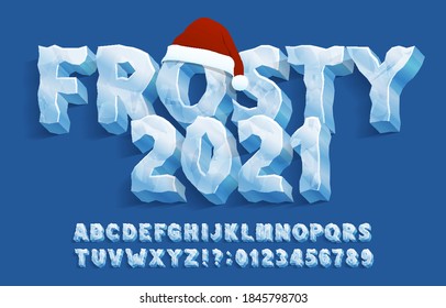 Frosty 2021 alphabet font. 3D ice letters and numbers with Xmas hat. Stock vector typescript for your typography design.