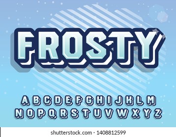 Frosty. 3D font with shadow effect. Vector illustration, winter effects, snow. Illustration in blue colors. Bold hand made typeface