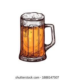 Frosty beer or ale in mug isolated alcohol drink sketch. Vector Oktoberfest beverage, lager in glass dishware