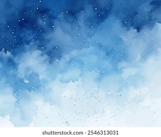 Frosty Blue Night Sky Celestial Watercolor Background Vector Design. Serene beauty of a frosty winter night. Soft, fluffy clouds in shades of blue, misty and ethereal atmosphere. Twinkling stars