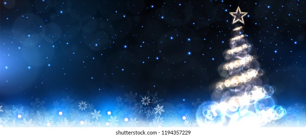 frosty christmas background with glowing christmas tree