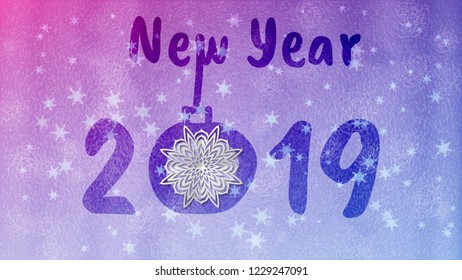 Frosty Christmas window with ice patterns. Lettering New Year 2019. Snowflakes cut from paper on glass. Vector illustration