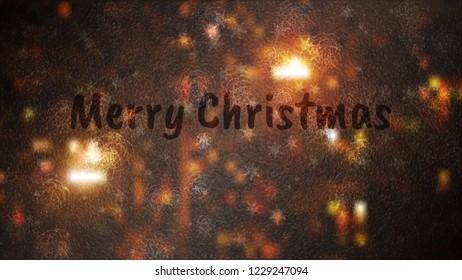 Frosty Christmas window with ice patterns. Lettering Merry Christmas. Winter night background with lights. Vector illustration