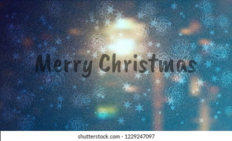 Frosty Christmas window with ice patterns. Lettering Merry Christmas. Winter color background with lights. Vector illustration