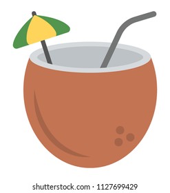 Frosty coconut drink with straw  and cocktail umbrella