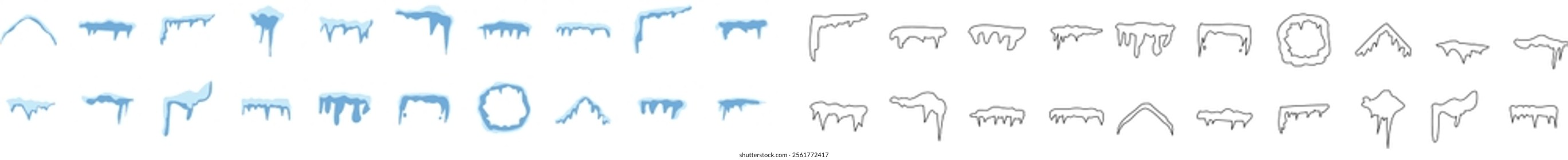 A frosty collection of icicle and snowcap icons in blue and outline styles, featuring dripping ice and wintery shapes. Perfect for seasonal designs, holiday themes, and frozen effects.