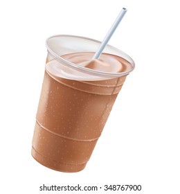 Frosty Drink. A chocolate milkshake in a clear plastic cup, tilted right,  with a white straw for sipping.