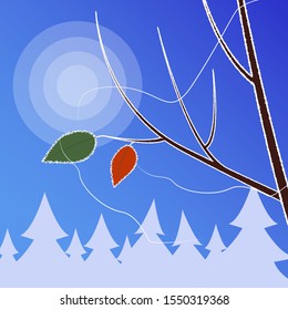 Frosty freshness concept. Vector image of branch with leaves in frost on the sky background. Concept of the first frost
