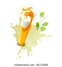 Frosty glass of light beer with splash on white background