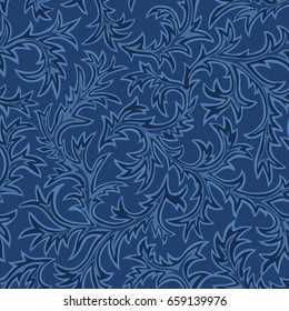 Frosty Glass - seamless pattern. Hand drawn vector background with intricate frost motif in shades of blue.