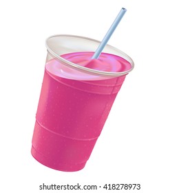 Frosty ice raspberry, hot pink or red berry smoothie/milkshake, tilted to the right in a clear plastic container with a white straw.