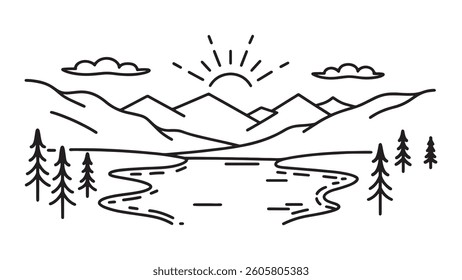 Frosty lake reflecting morning light, surrounded by snow-capped mountains under a clear sky line art flat vector illustration