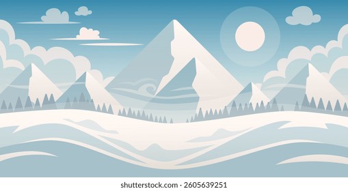 Frosty Mountains Landscape Flat Style Vector Illustration. Suitable for web, games and books. Horizontal format.