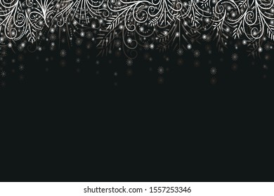 
Frosty pattern. New Year, holiday background. On a dark background white snowflakes and frosty patterns. There is a place for text. Element of a festive decor. Vector illustration.