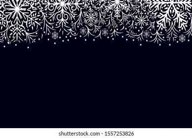 
Frosty pattern. New Year, holiday background. On a dark background white snowflakes and frosty patterns. There is a place for text. Element of a festive decor. Vector illustration.