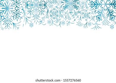 
Frosty pattern. New Year seamless pattern. On a white background gradient, blue snowflakes and frosty patterns. Element of a festive decor. Vector illustration.
