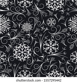 
Frosty pattern. New Year seamless pattern. On a dark background white snowflakes and frosty patterns. Element of a festive decor. Vector illustration.