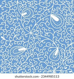 Patrón de escarcha. Patrón sin fisuras de Año Nuevo. En un fondo azul, copos de nieve y estampados helados. Elemento de decoración festiva