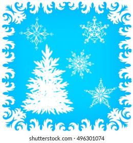 Frosty pattern on glass, Frost-Rimed tree and snowflakes