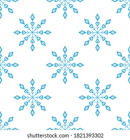 Patrón de copos de nieve azules y sin costura sobre un fondo blanco. Elementos decorativos de invierno, diseño plano para tarjetas, papel envolvente, tela, papel pintado y más. Ilustración vectorial de acciones