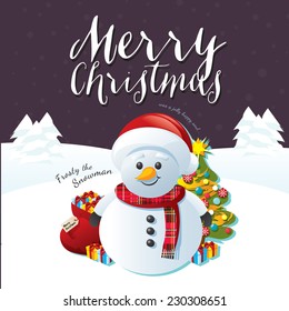 Frosty the Snowman on a Purple Snow Winter Wonderland Background with Santa's sack, a Christmas tree and Christmas presents. Merry Christmas text banner.