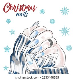 Frosty and trendy hand drawn nail design, manicure on the background of snowflakes