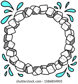 Frosty vector round wreath. Ice cubes create a ring shaped frame. Doodle elements, cartoon style, suitable for design and decoration.