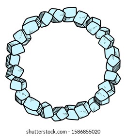 Frosty vector round wreath. Ice cubes create a ring shaped frame. Doodle elements, cartoon style, suitable for design and decoration.