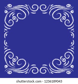 Frosty white patterns on a blue background, square frame.