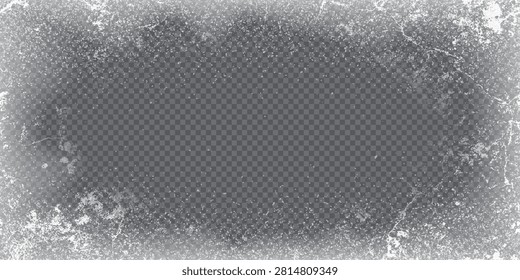 Frosty window border on transparent bg. Vector winter ice texture frame for holiday banner, grunge snow vignette overlay effect.