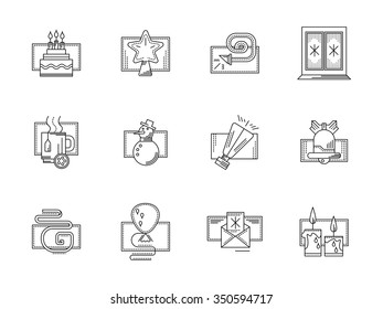 Frosty window, snowman and snowflakes, festive decor and candles. Merry Christmas and Happy New Year symbols. Set of flat line style vector icons. Design elements for website, mobile and business.